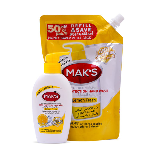 Mak῾S Anti Bacterial Handwash Lemon Fresh (Pouch + Pump) 450+200 ml