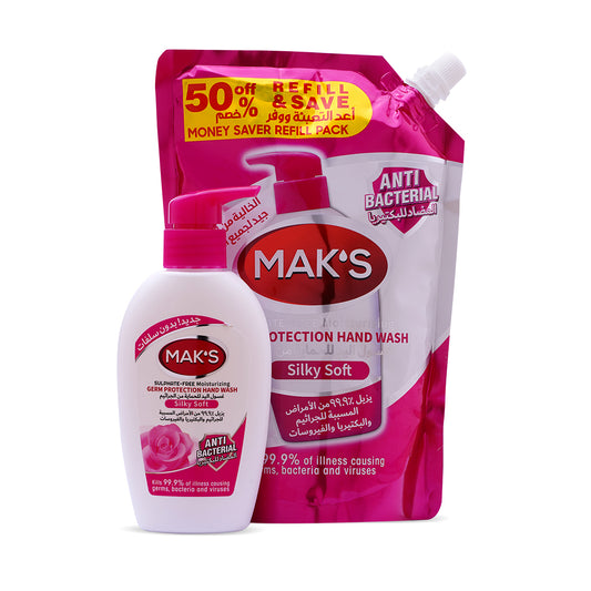 Mak῾S Anti Bacterial Handwash Silky Soft (Pouch + Pump)  450+200 ml